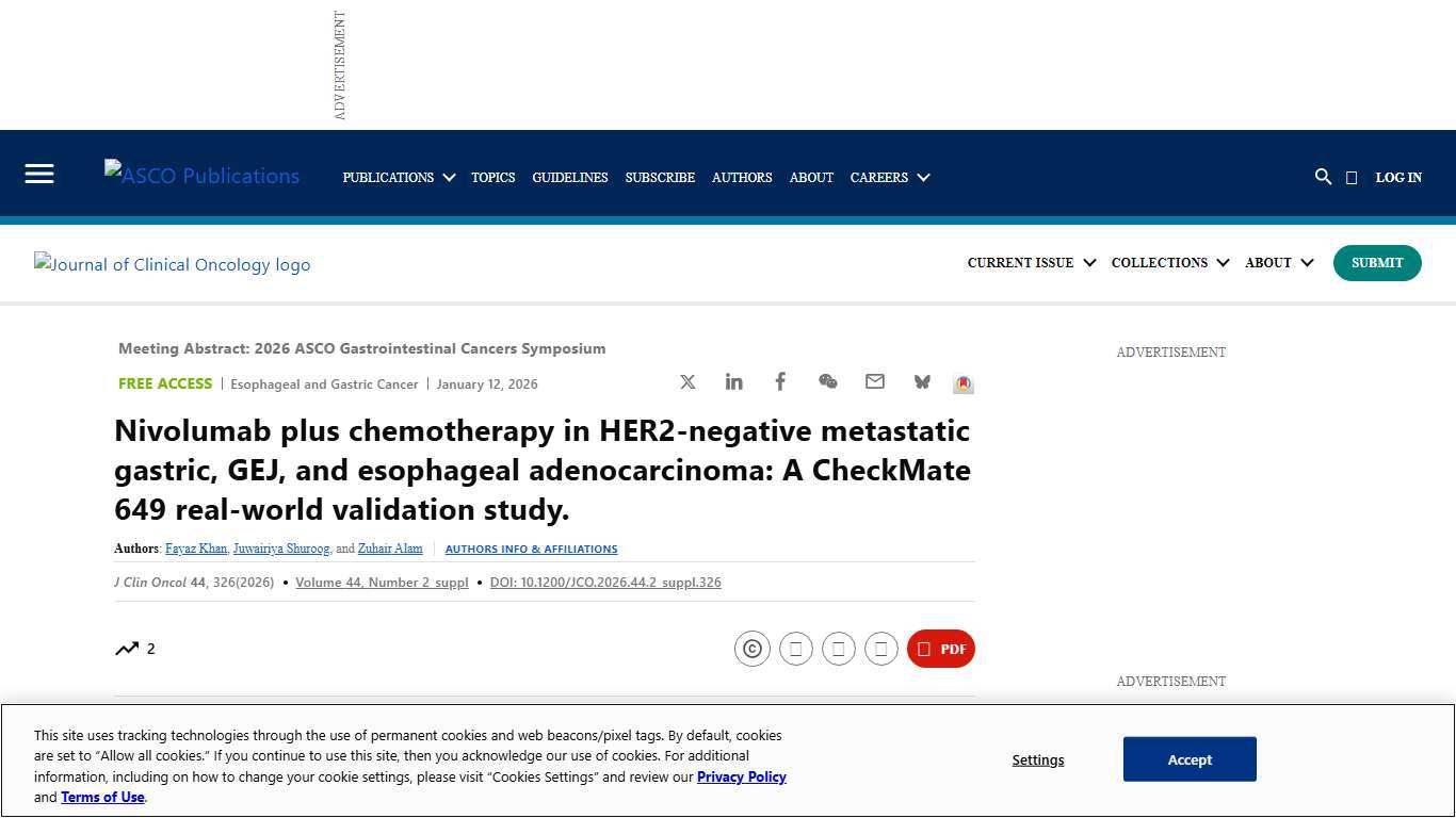Nivolumab plus chemotherapy in HER2-negative metastatic gastric, GEJ, and esophageal adenocarcinoma: A CheckMate 649 real-world validation study. | Journal of Clinical Oncology